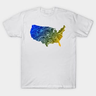 Colorful mandala art map of the United States of America in high contrast dark blue and dark yellow T-Shirt